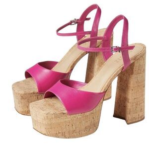 SCHUTZ Heeled Platform Sandal 9 Cork Block Heel Ankle Strap Y2K Hot Pink Glayce